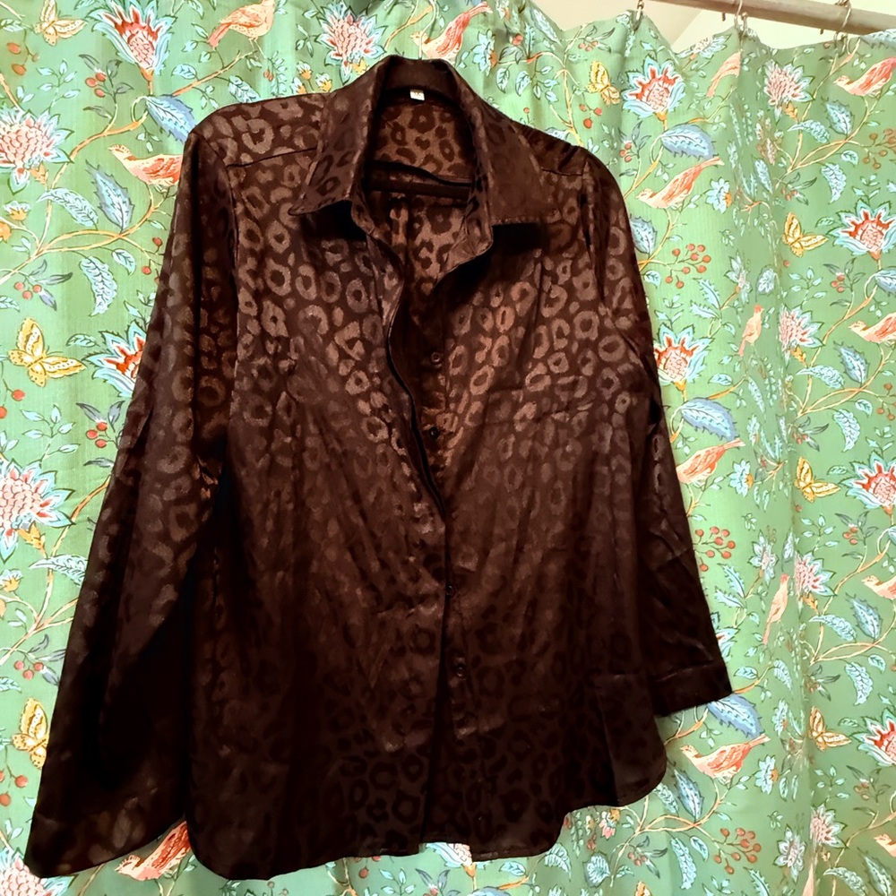 Satin Leopard Print Button-Up Blouse - Black 1x